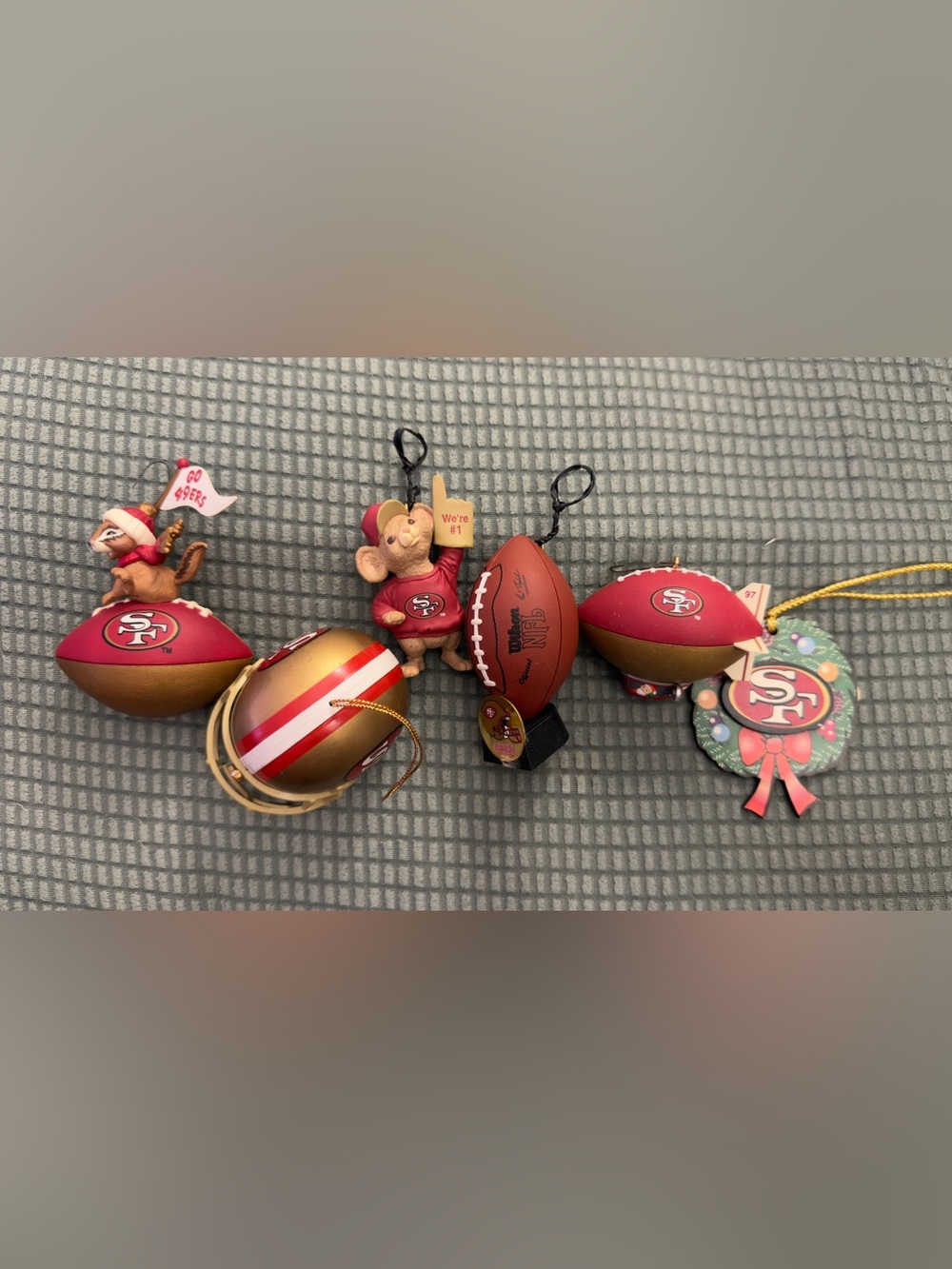 Vintage San Francisco 49ers Christmas Ornament Lot Football Teddy Bear 1997